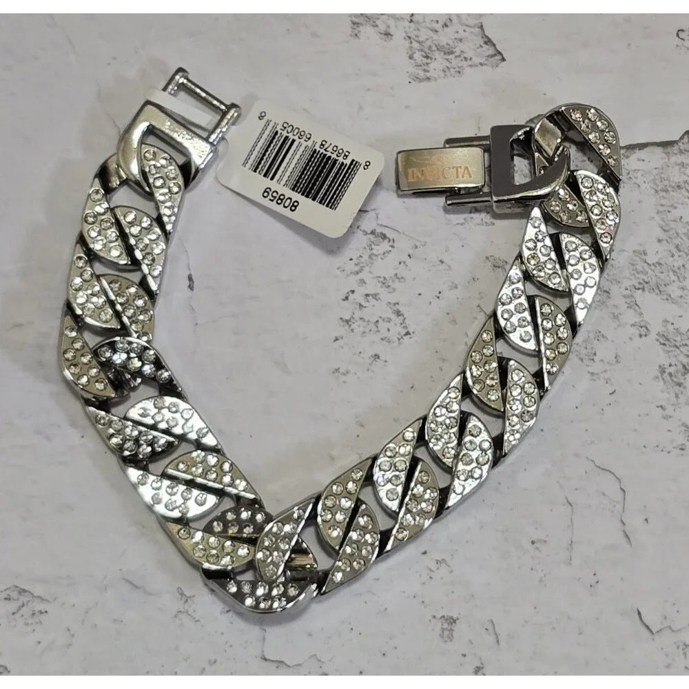 Cuban Invicta Elements Men's Iced Out Cuban Chain Bracelet Silver 80859 New